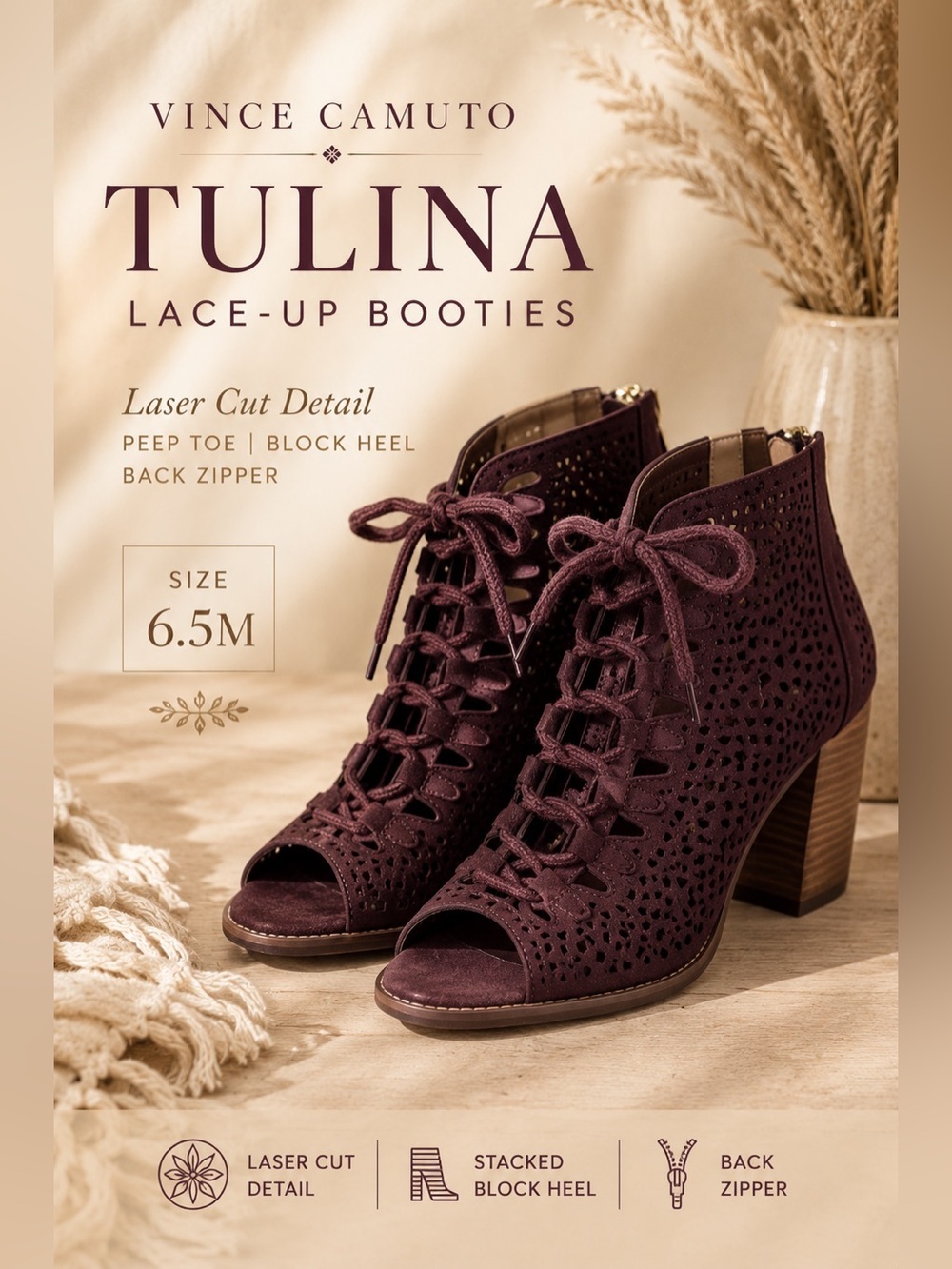 Vince Camuto Tulina Laser Cut Lace-Up Peep Toe Booties Size 6.5M Plum